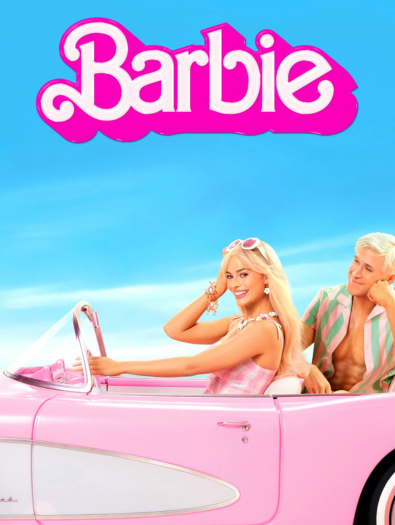 Barbie and Ken drive in a pink convertable